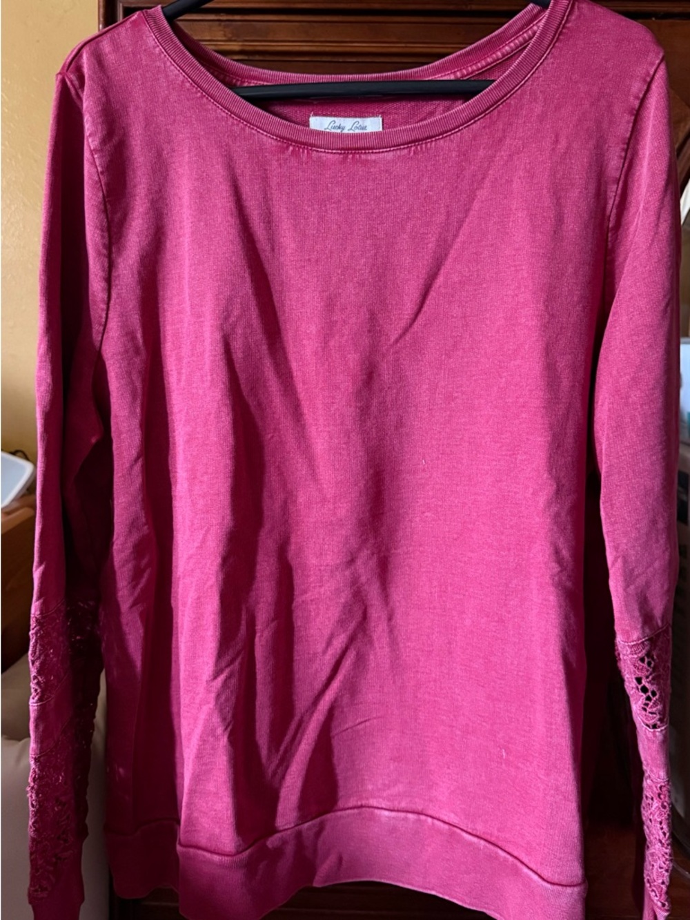 Lucky Brand Long Sleeve Tee with Crochet Sleeve Panels in Burgundy - Picture 3 of 3